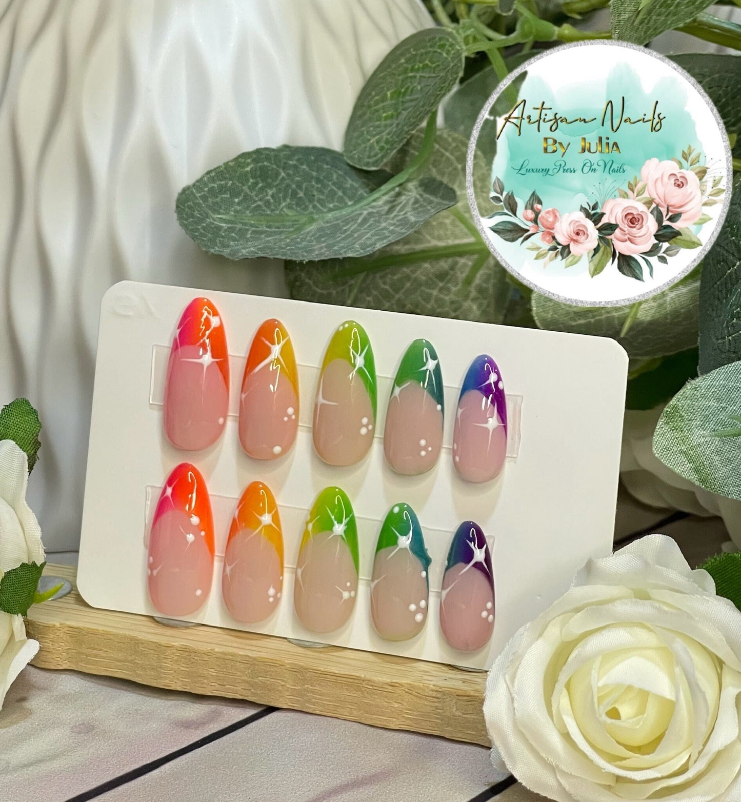 NEON SKIES - Set of 10 Ombre Rainbow French Tip Nails with white stars.