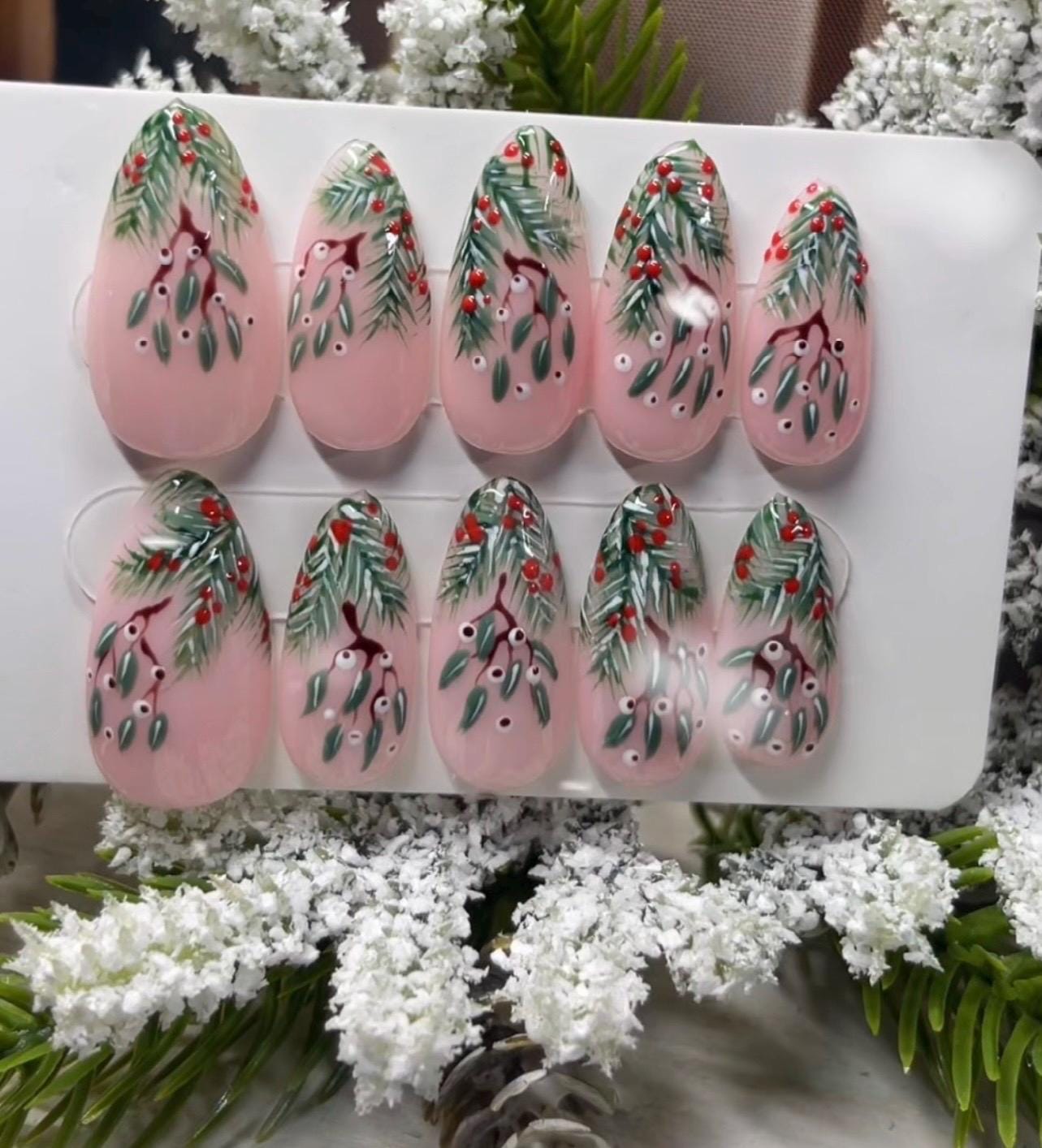 WINTER BERRIES - Set of 10 Frosted Mistletoe & Fir Nails