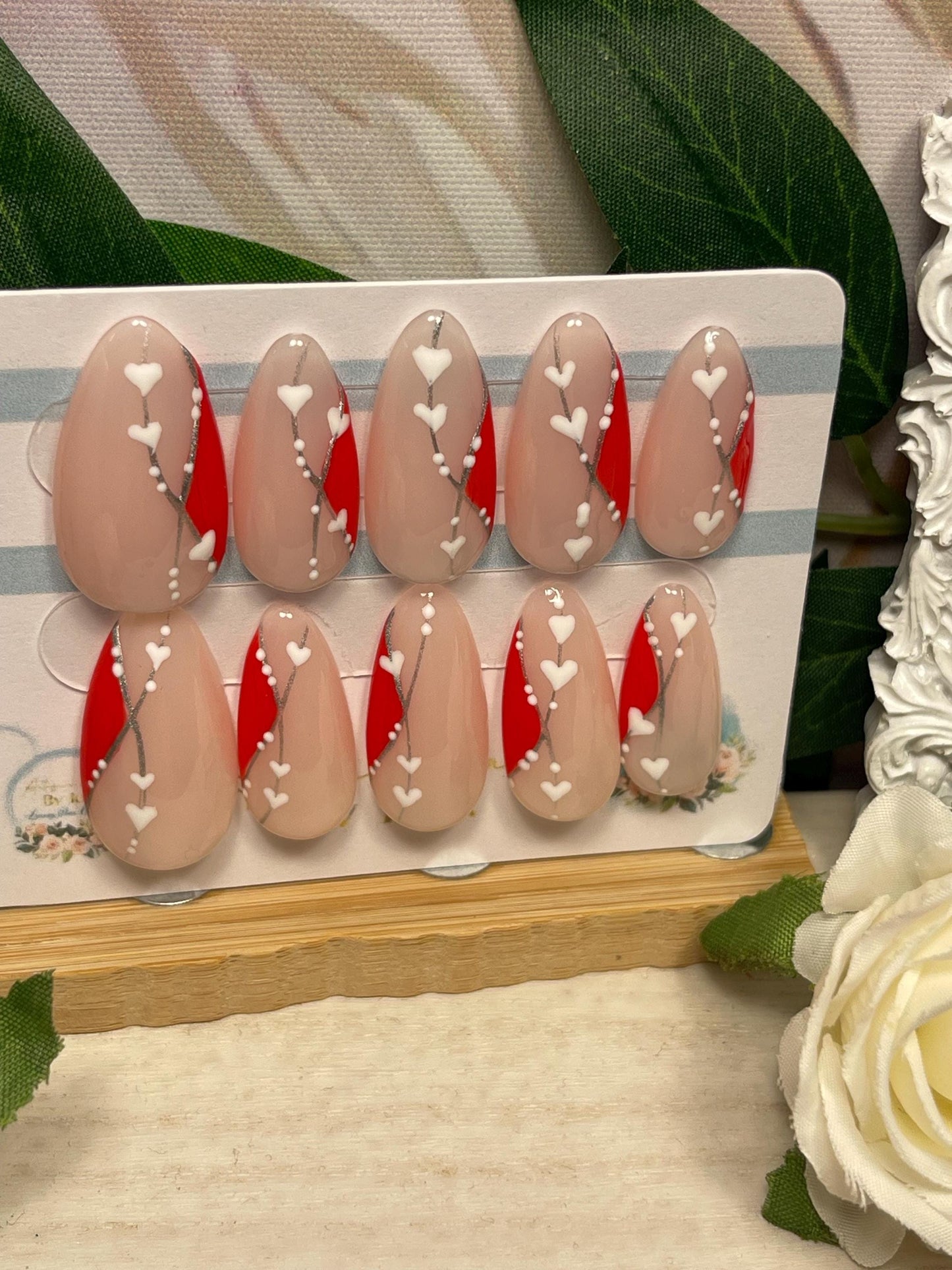 STAR CROSSED LOVERS - Set of 10 red abstract design nails with silver & white decoration
