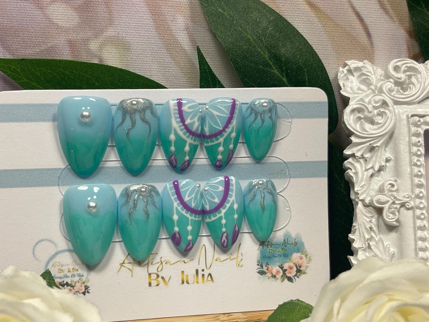 DREAMCATCHER BLUE - Juego de 10 uñas con efecto ombré perlado Dreamcatcher