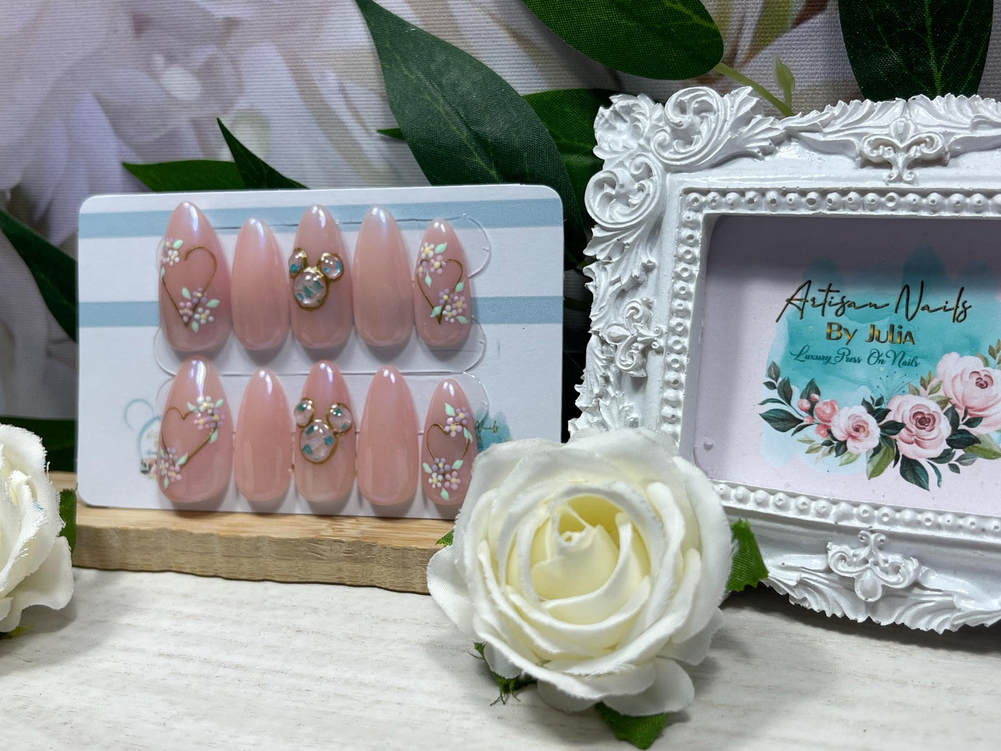 PURA MAGIA - Juego de 10 uñas con forma de orejas de ratón de nácar y flor