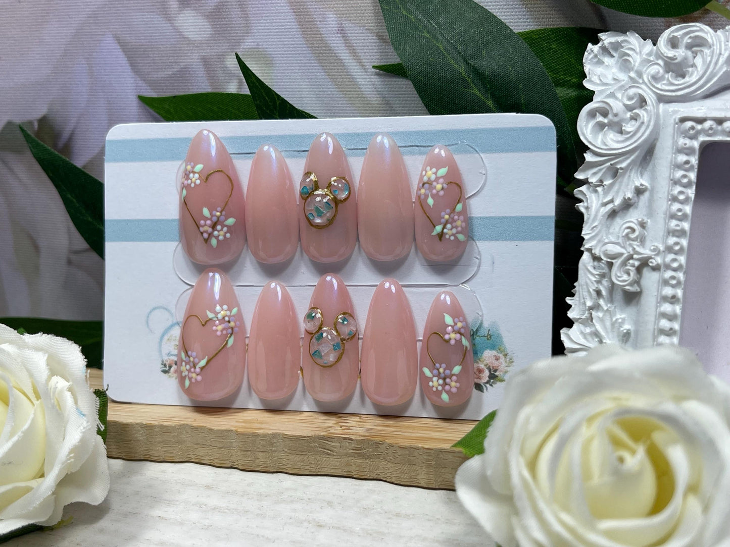 PURA MAGIA - Juego de 10 uñas con forma de orejas de ratón de nácar y flor