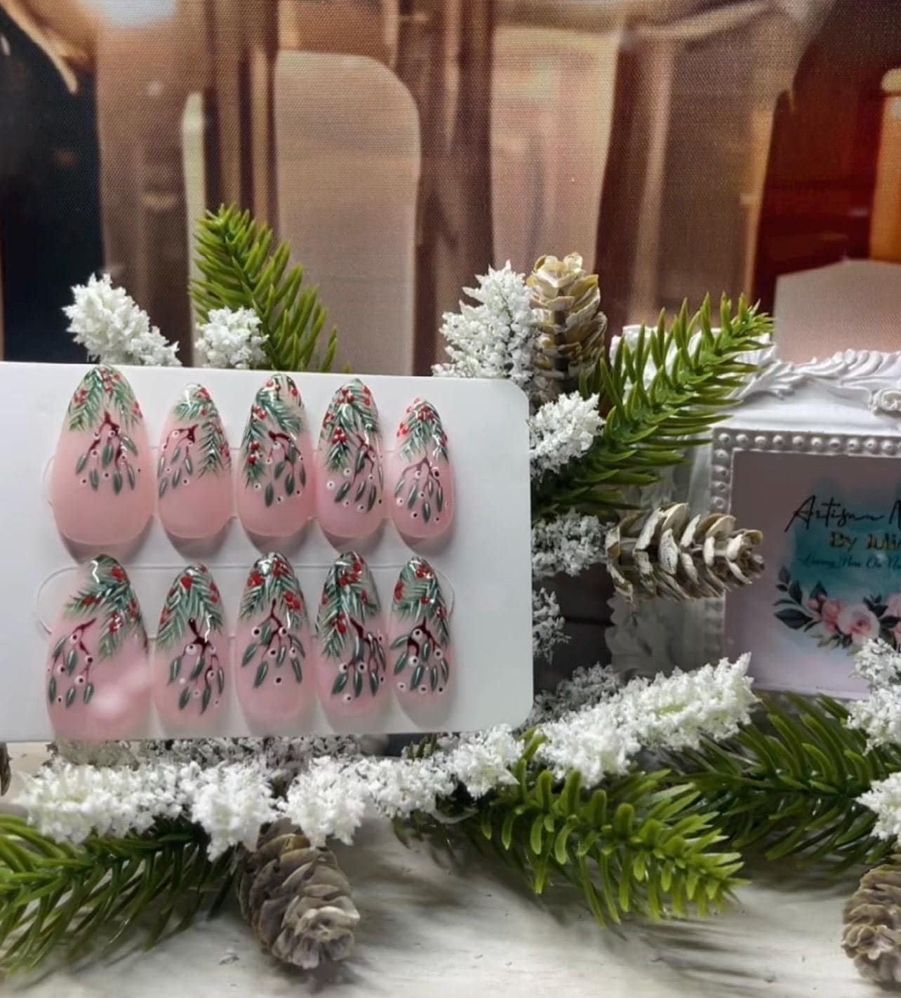 WINTER BERRIES - Set of 10 Frosted Mistletoe & Fir Nails