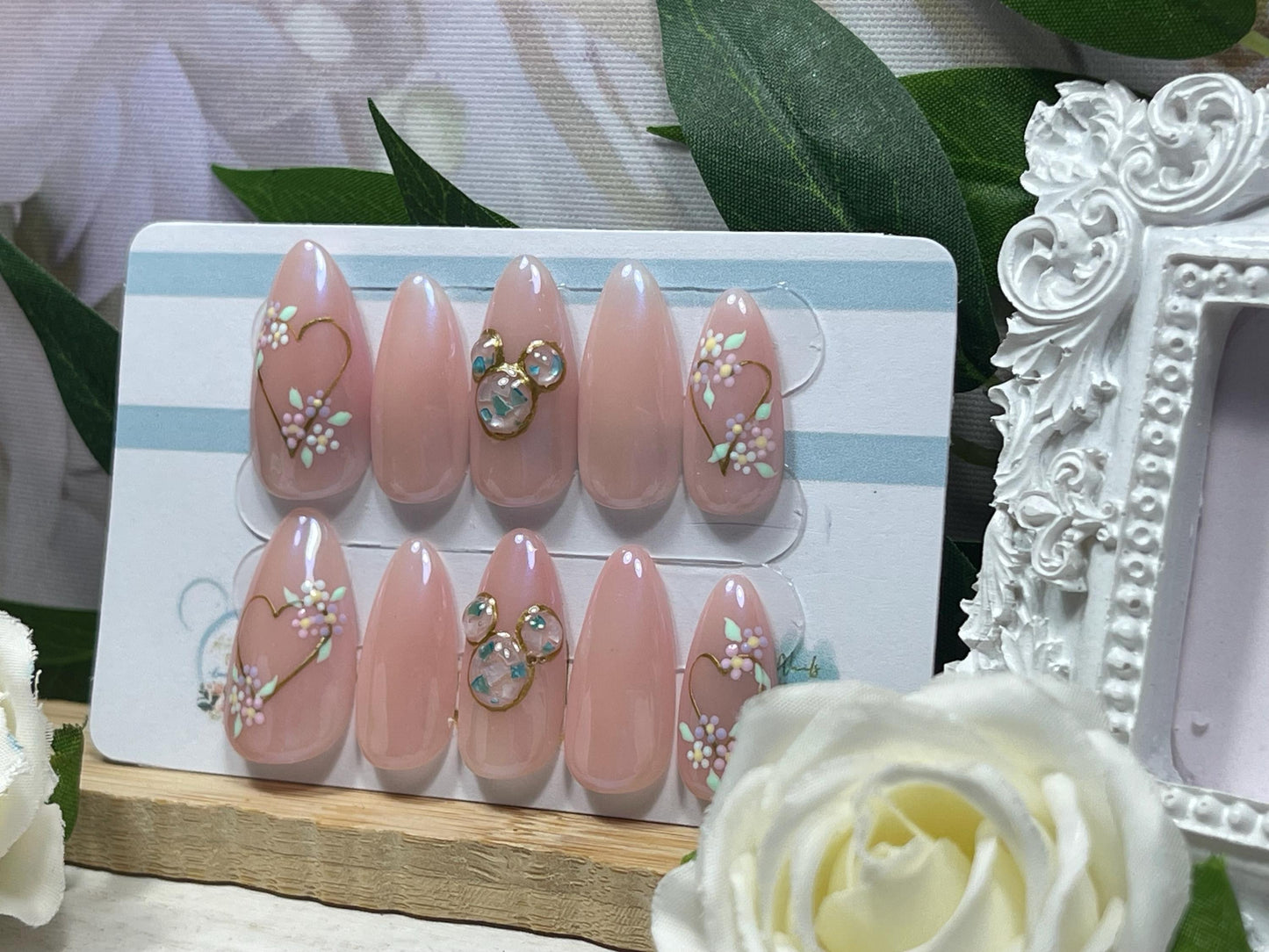 PURA MAGIA - Juego de 10 uñas con forma de orejas de ratón de nácar y flor