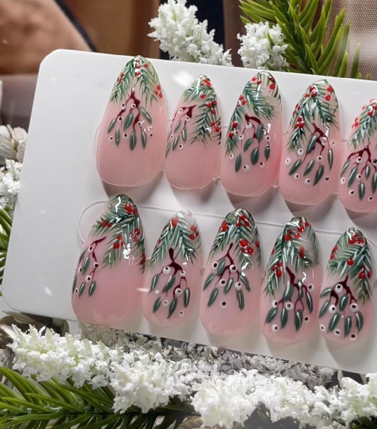 WINTER BERRIES - Set of 10 Frosted Mistletoe & Fir Nails