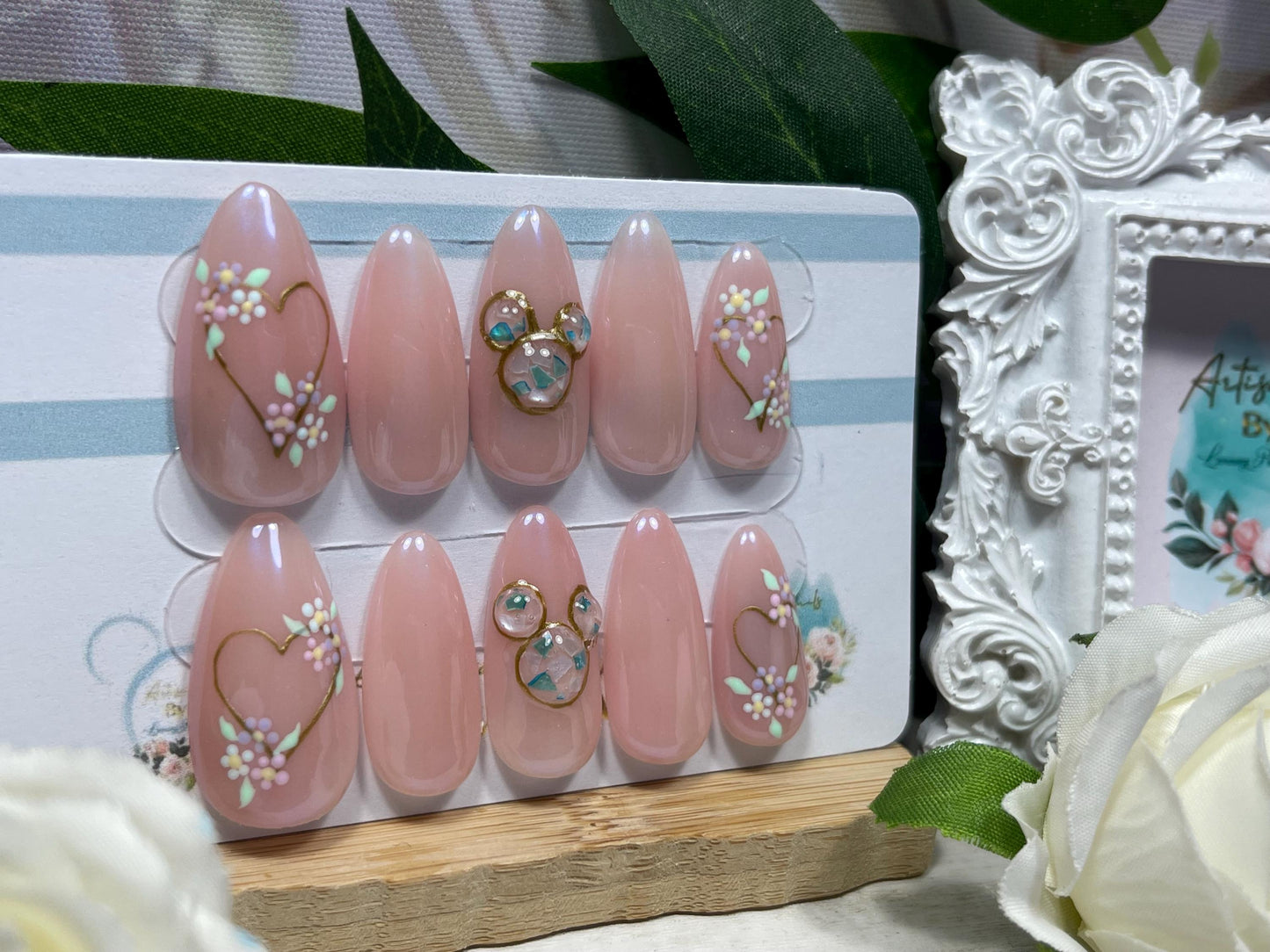PURA MAGIA - Juego de 10 uñas con forma de orejas de ratón de nácar y flor