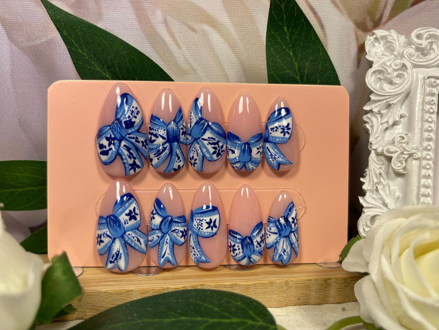 TIE A RIBBON - Gel Press on Nails - Set of 10 Blue Floral Ribbon Nails