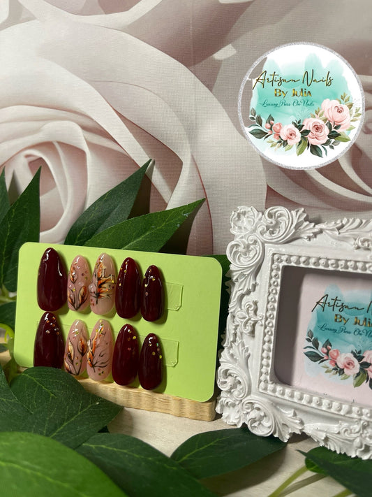 AUTUMN FIRE - Set of 10 autumn leaf and deep red Nails with 3D dew drops.