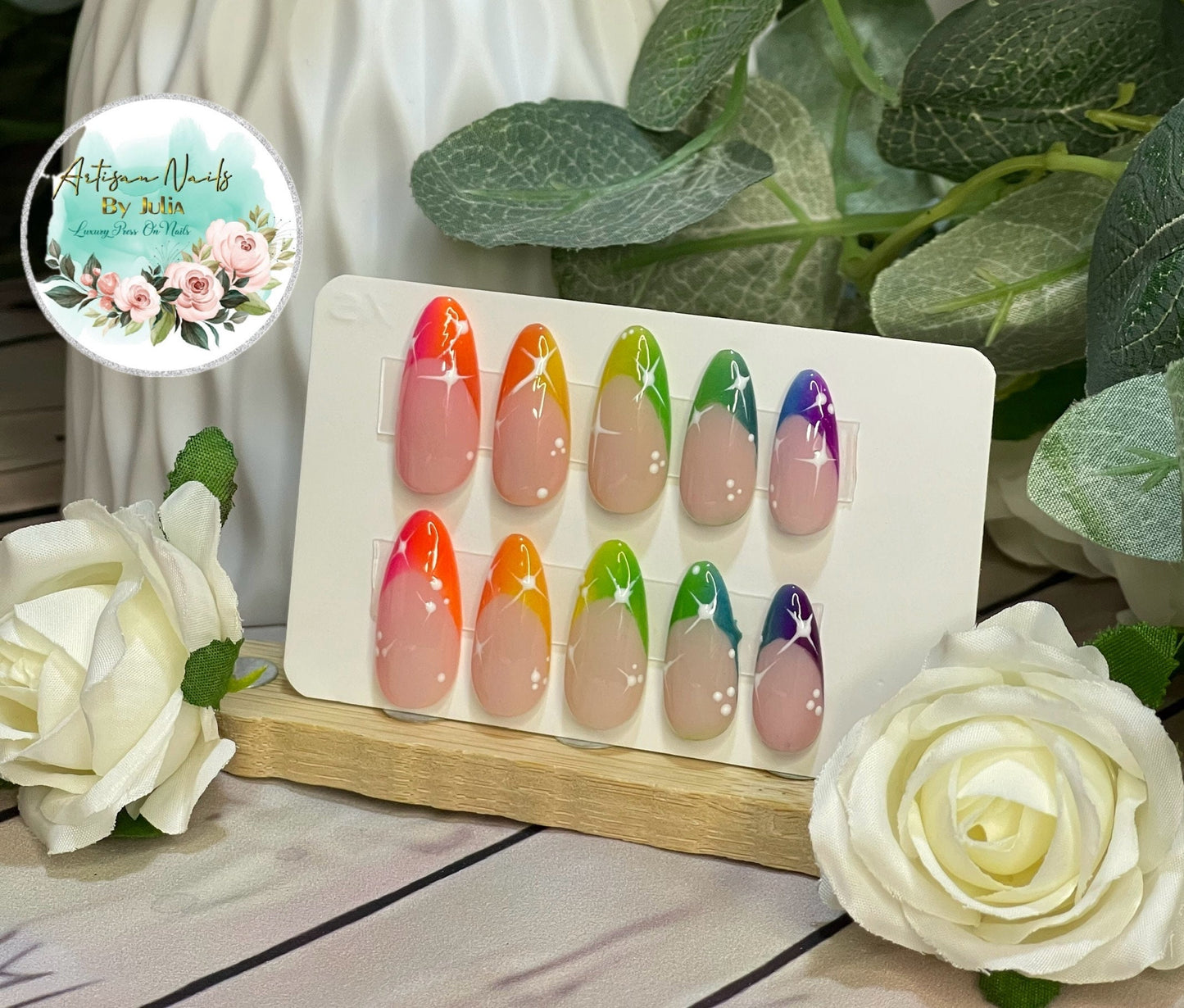 NEON SKIES - Set of 10 Ombre Rainbow French Tip Nails with white stars.