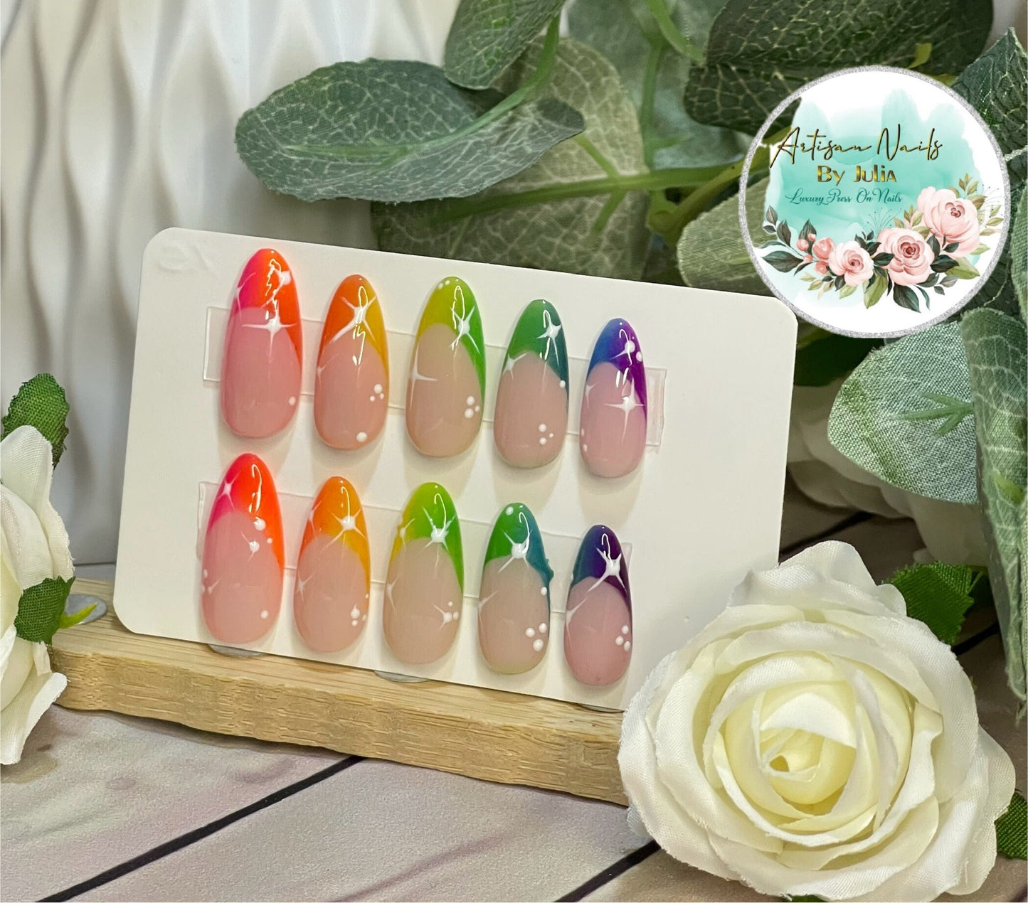 NEON SKIES - Set of 10 Ombre Rainbow French Tip Nails with white stars.