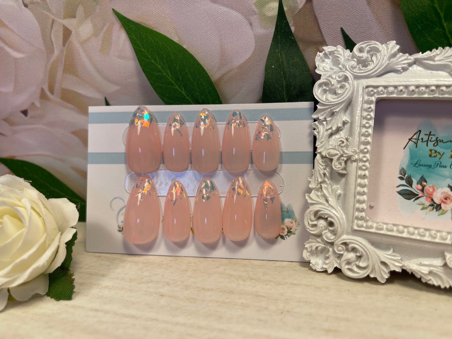 ICE SHARDS - Set of 10 Gel Pink Nails With Opal fragment tips