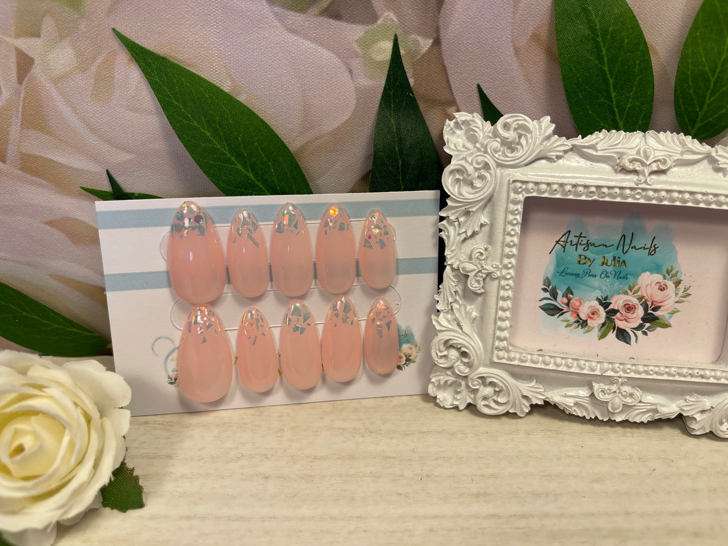 ICE SHARDS - Set of 10 Gel Pink Nails With Opal fragment tips