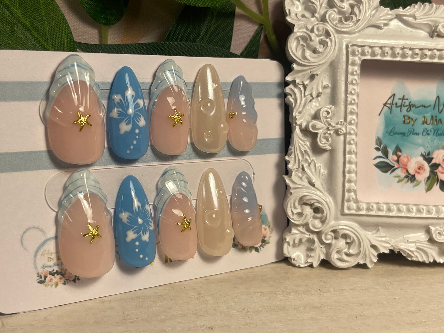 OCEAN BABIES - Ongles en gel à presser - Lot de 10 faux ongles French Tip tachetés émaillés - Fabriqués sur commande