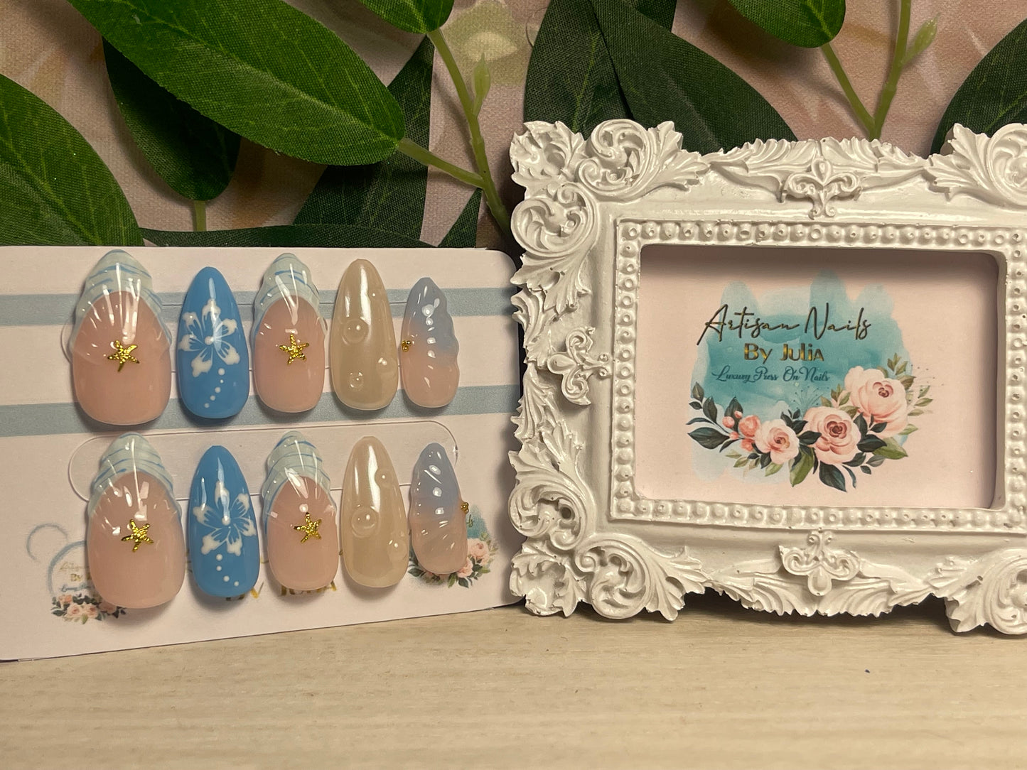 OCEAN BABIES - Ongles en gel à presser - Lot de 10 faux ongles French Tip tachetés émaillés - Fabriqués sur commande