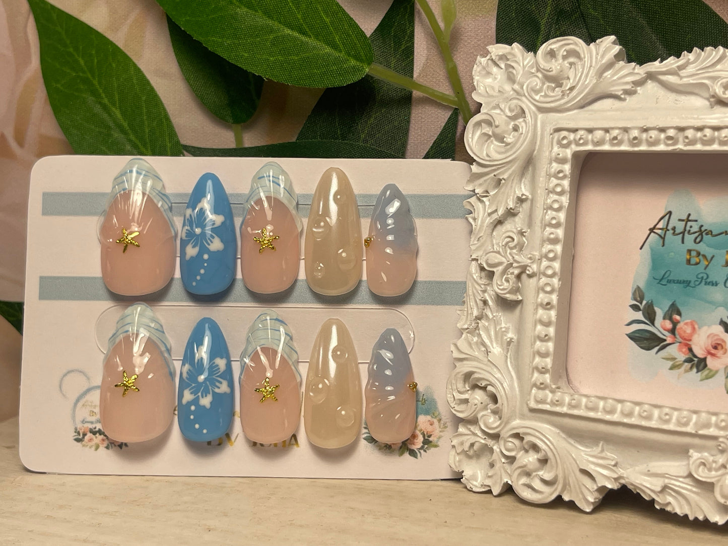 OCEAN BABIES - Ongles en gel à presser - Lot de 10 faux ongles French Tip tachetés émaillés - Fabriqués sur commande