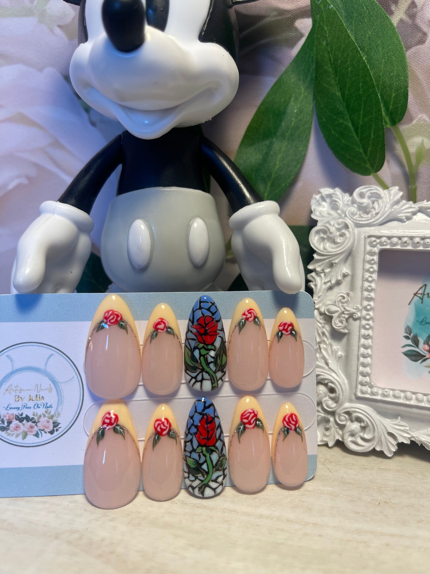 BELLE - Set of 10 Rose French Tip and Stained Glass Window Nails