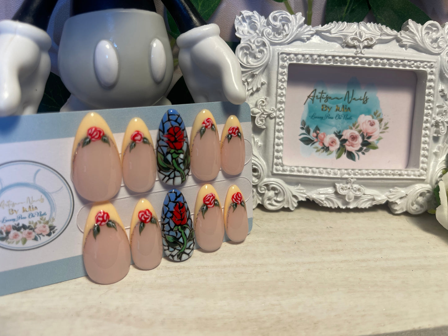 BELLE - Set of 10 Rose French Tip and Stained Glass Window Nails