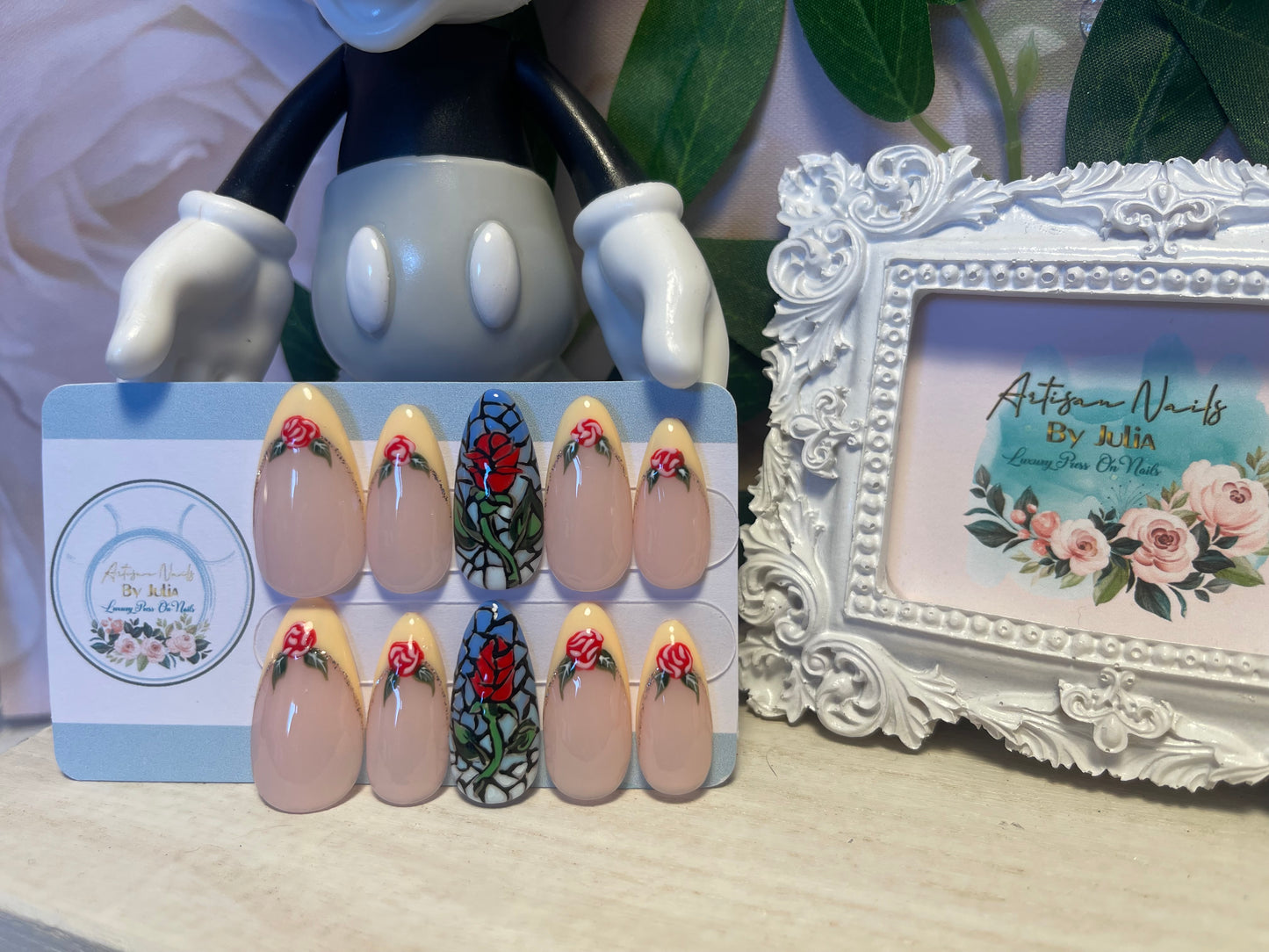BELLE - Set of 10 Rose French Tip and Stained Glass Window Nails