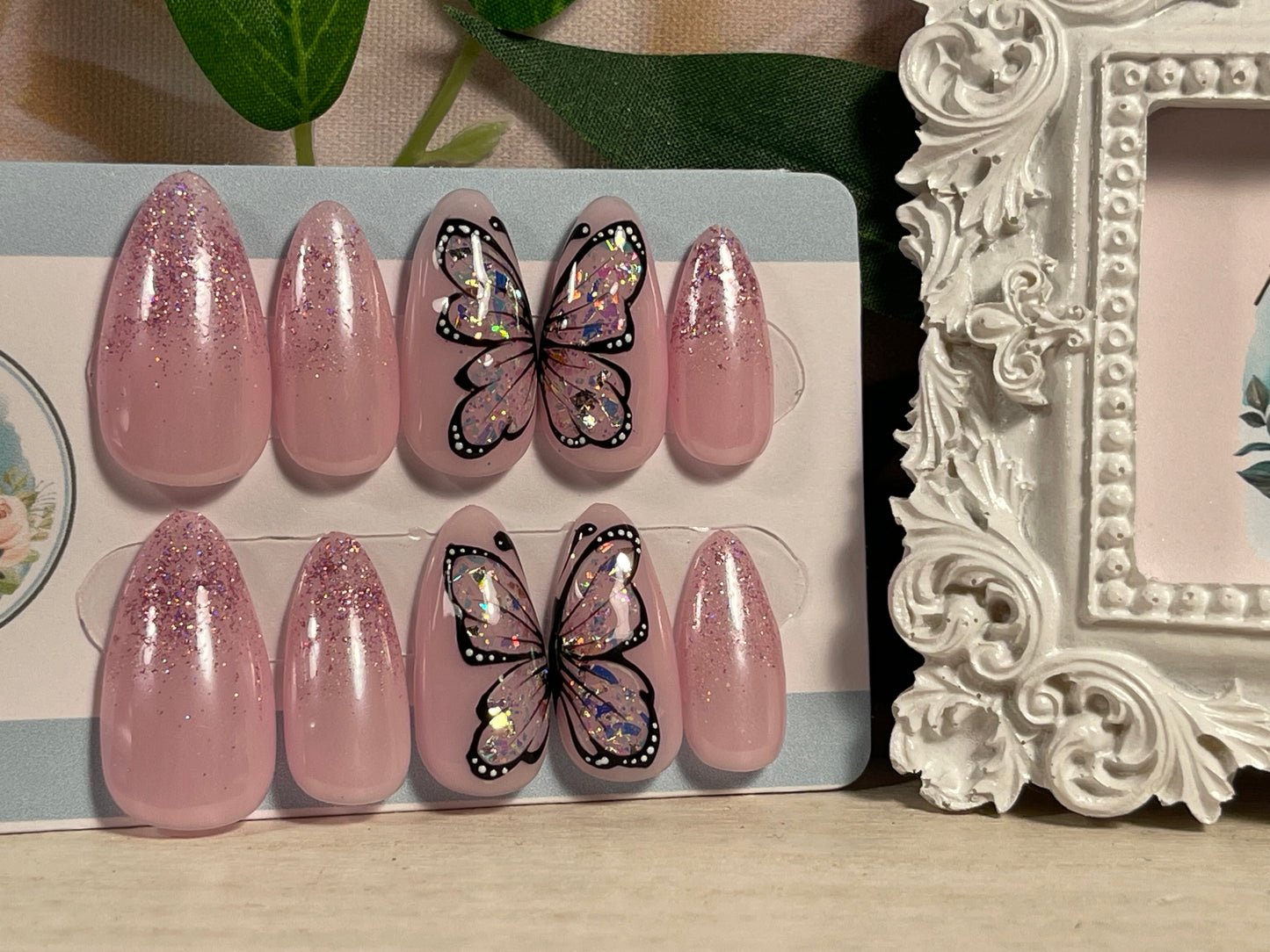 OPAL BUTTERFLY - Gel Press on Nails - Set of 10 Opal Encapsulated Butterfly Nails