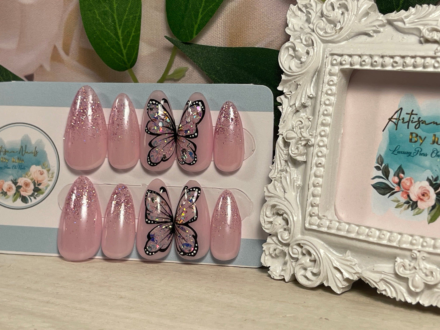 OPAL BUTTERFLY - Gel Press on Nails - Set of 10 Opal Encapsulated Butterfly Nails