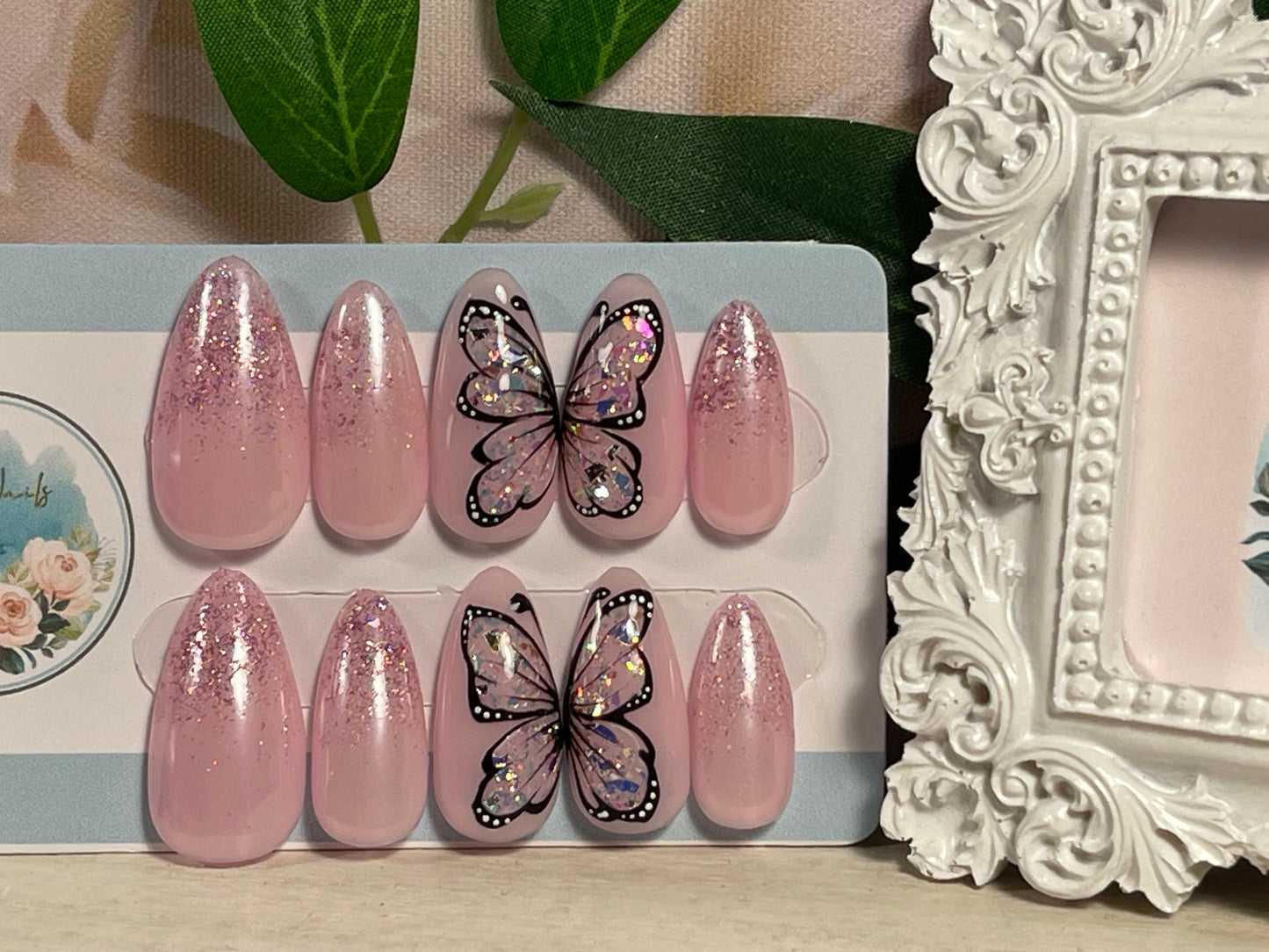 OPAL BUTTERFLY - Gel Press on Nails - Set of 10 Opal Encapsulated Butterfly Nails