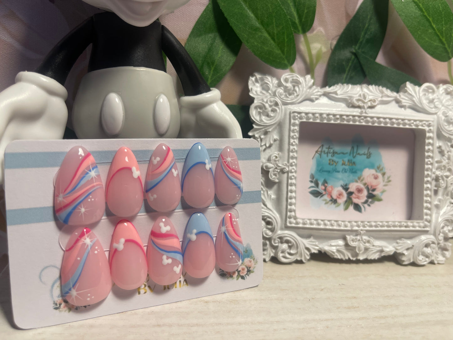 FANTASIA - Set of 10 Pink & Blue Swirl and Tip Mickey Nails