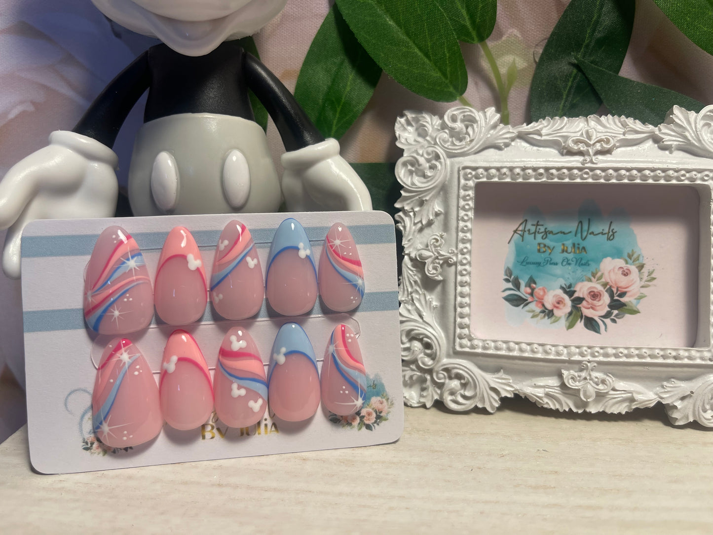 FANTASIA - Set of 10 Pink & Blue Swirl and Tip Mickey Nails