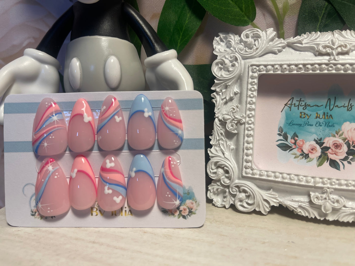 FANTASIA - Set of 10 Pink & Blue Swirl and Tip Mickey Nails