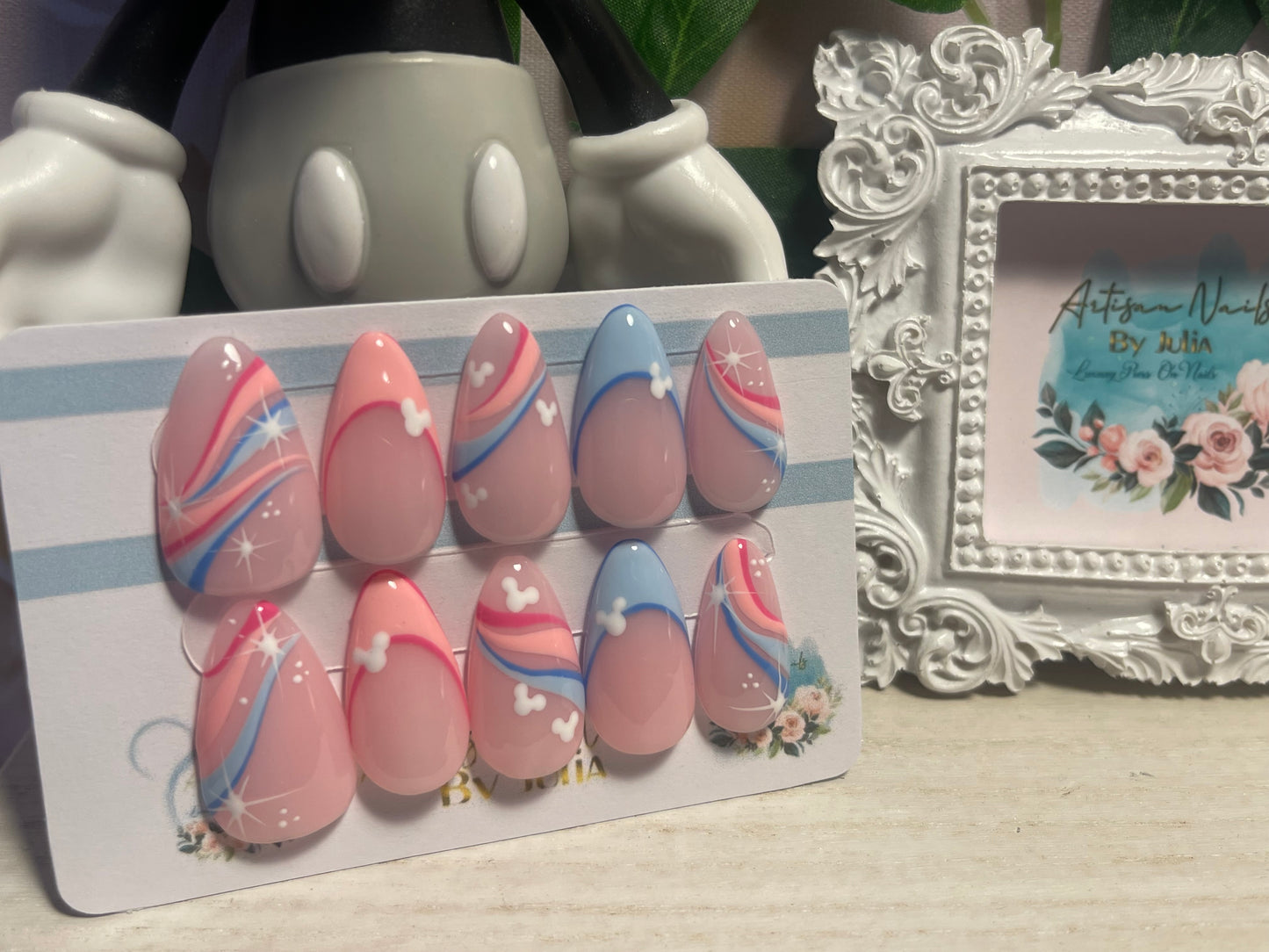 FANTASIA - Set of 10 Pink & Blue Swirl and Tip Mickey Nails