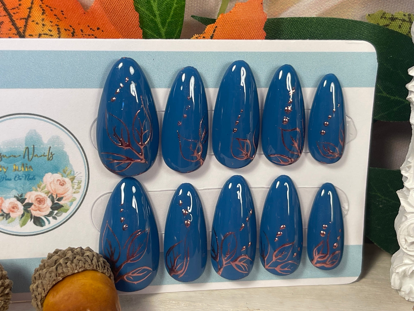 COPPER GLOW - Set of 10 Teal and Rose Chrome Nails