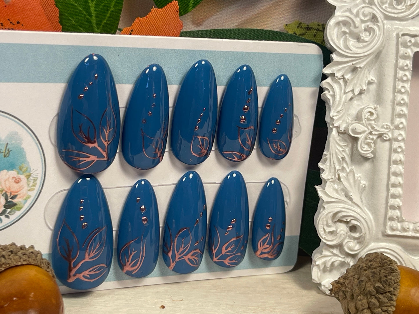 COPPER GLOW - Set of 10 Teal and Rose Chrome Nails