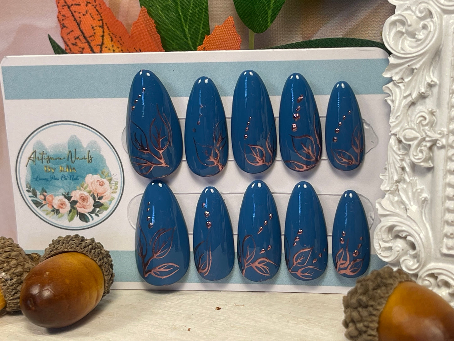 COPPER GLOW - Set of 10 Teal and Rose Chrome Nails