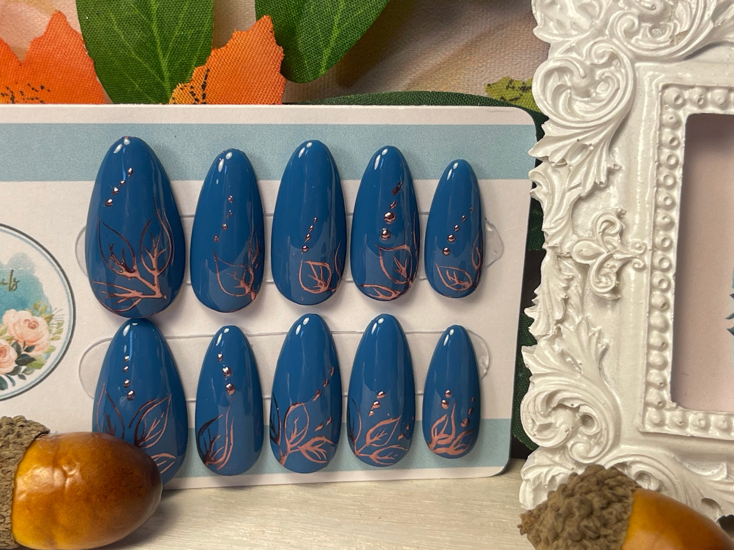 COPPER GLOW - Set of 10 Teal and Rose Chrome Nails