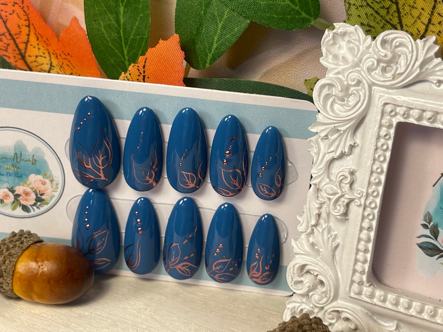 COPPER GLOW - Set of 10 Teal and Rose Chrome Nails