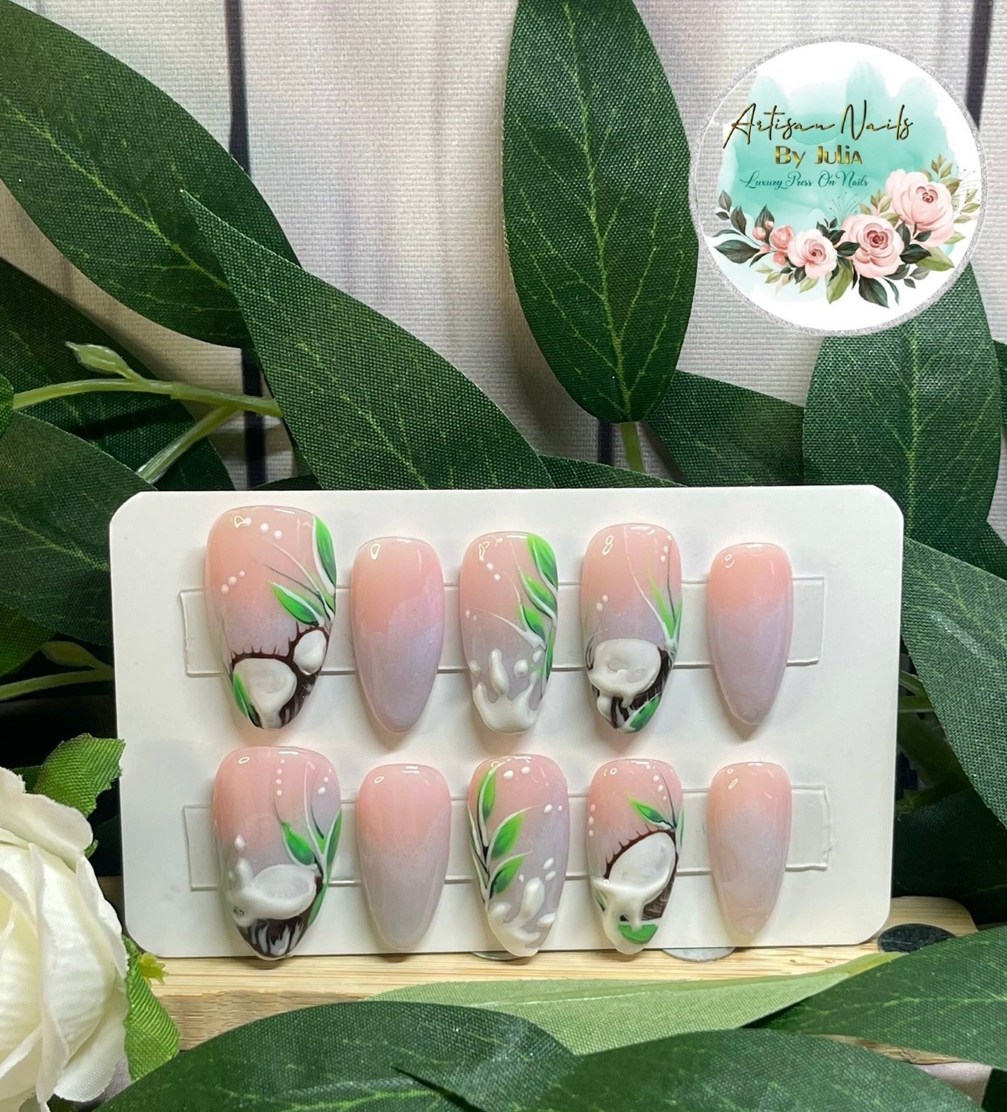 COCONUTS - Gel Press on Nails - Lot de 10 ongles 3D Ombré Coconut - Fabriqués sur commande