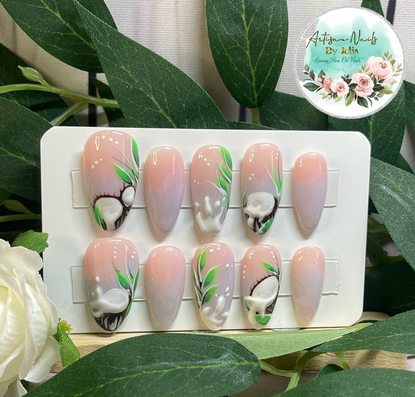 COCONUTS - Gel Press on Nails - Lot de 10 ongles 3D Ombré Coconut - Fabriqués sur commande