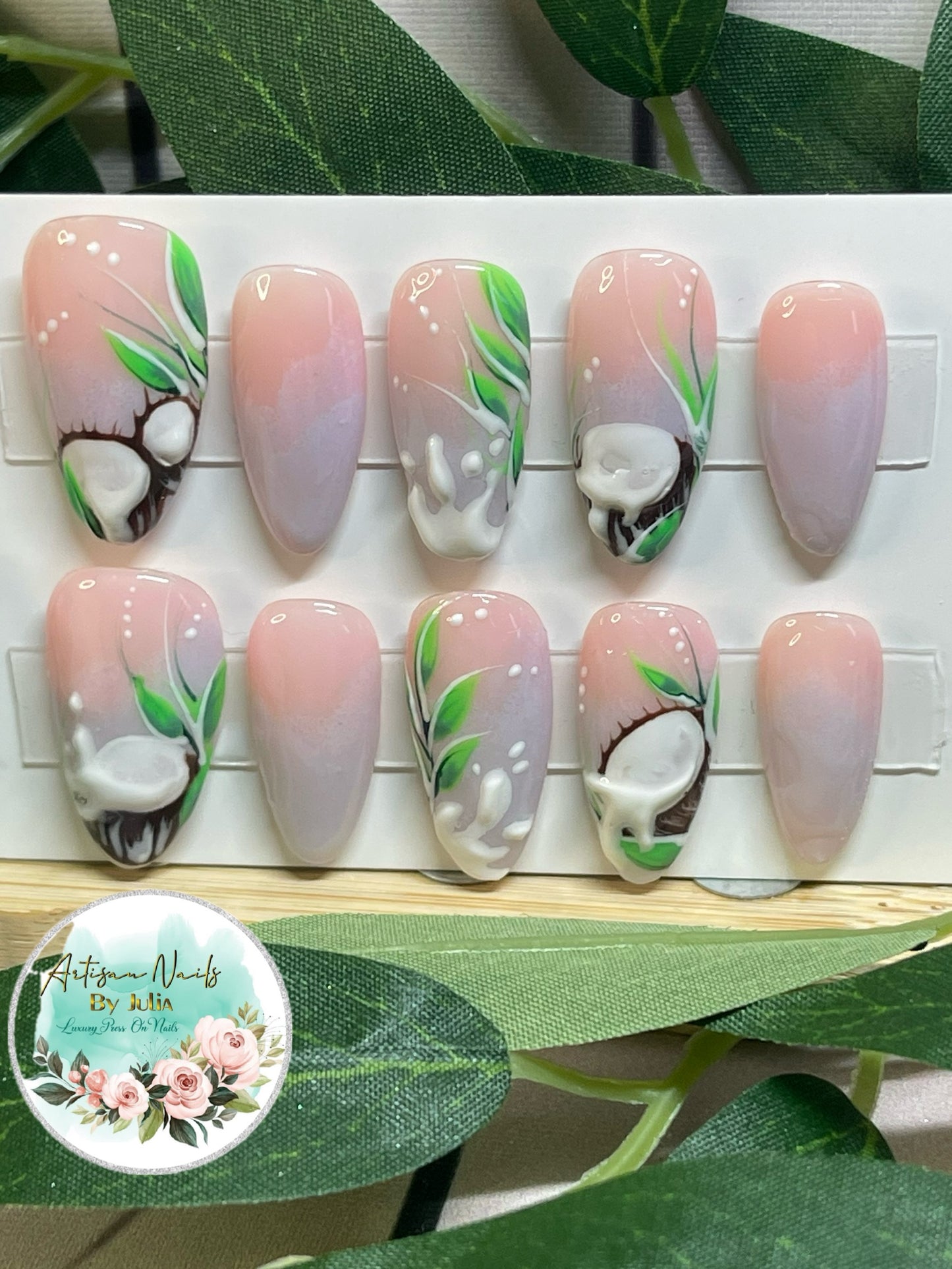 COCONUTS - Gel Press on Nails - Lot de 10 ongles 3D Ombré Coconut - Fabriqués sur commande