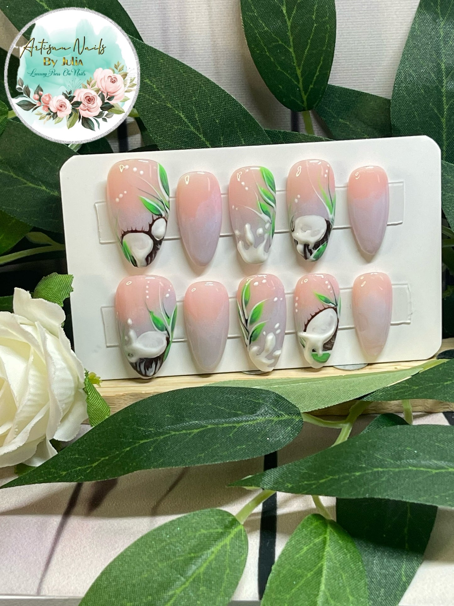 COCONUTS - Gel Press on Nails - Lot de 10 ongles 3D Ombré Coconut - Fabriqués sur commande