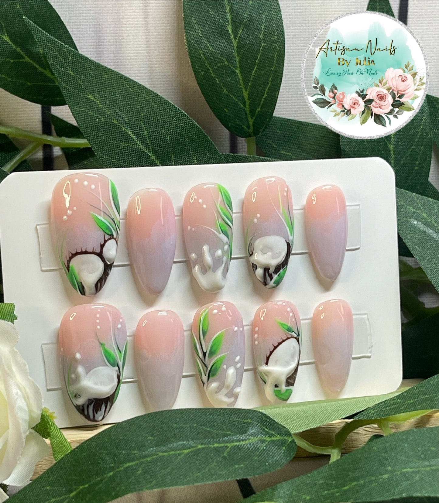COCONUTS - Gel Press on Nails - Lot de 10 ongles 3D Ombré Coconut - Fabriqués sur commande