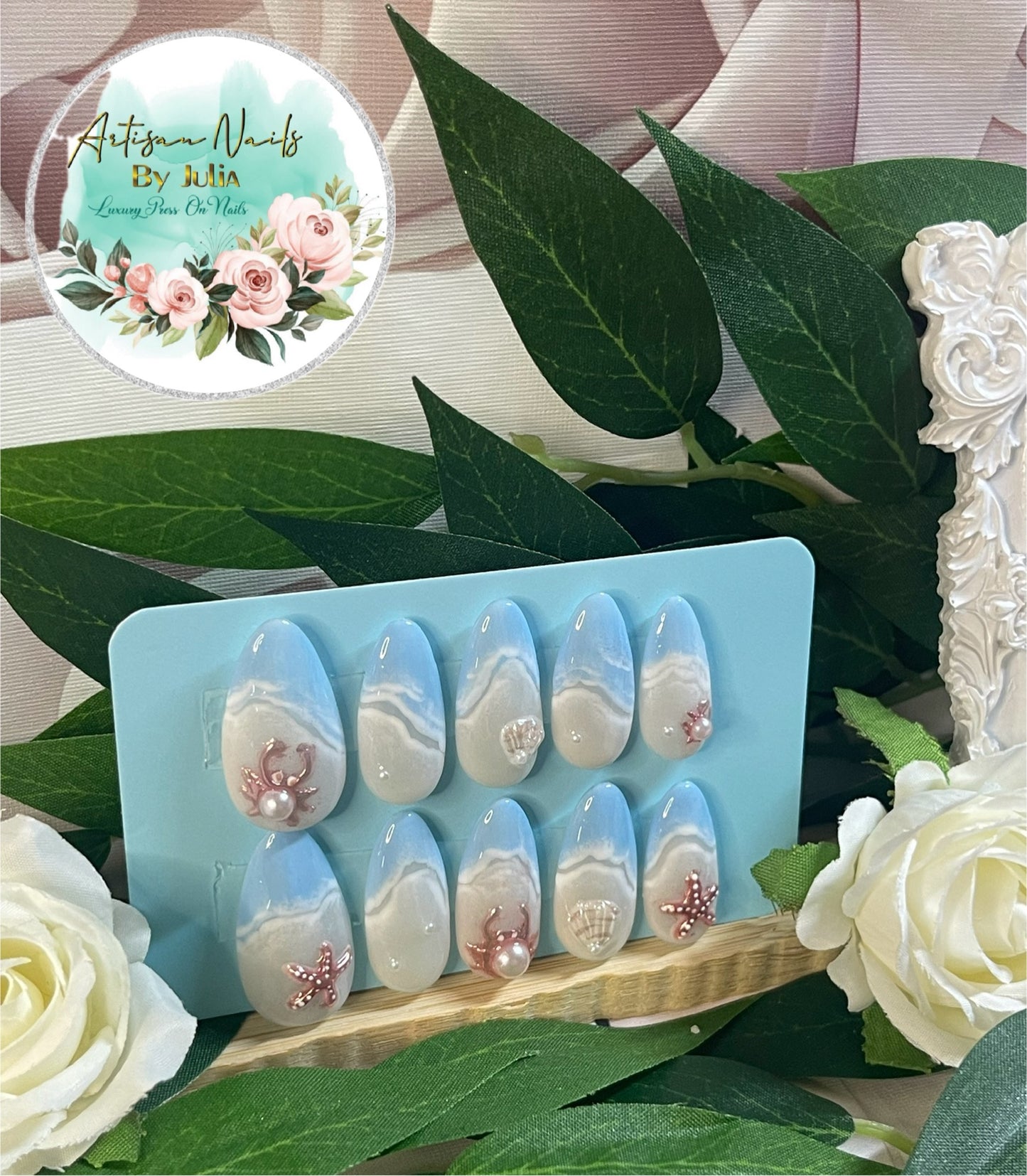 SHORELINE - Gel Press on Nails - Ensemble d'ongles 3D inspirés du bord de mer - Fabriqués sur commande
