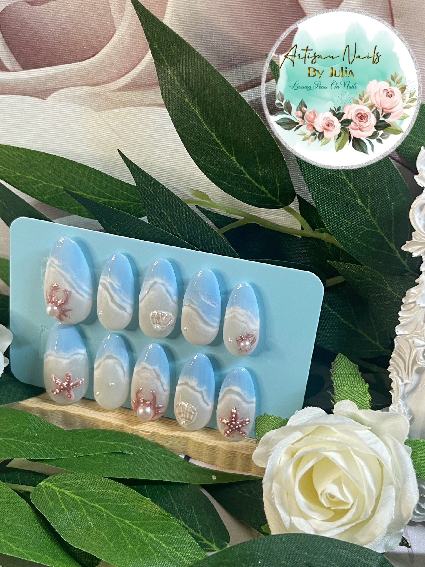 SHORELINE - Gel Press on Nails - Ensemble d'ongles 3D inspirés du bord de mer - Fabriqués sur commande