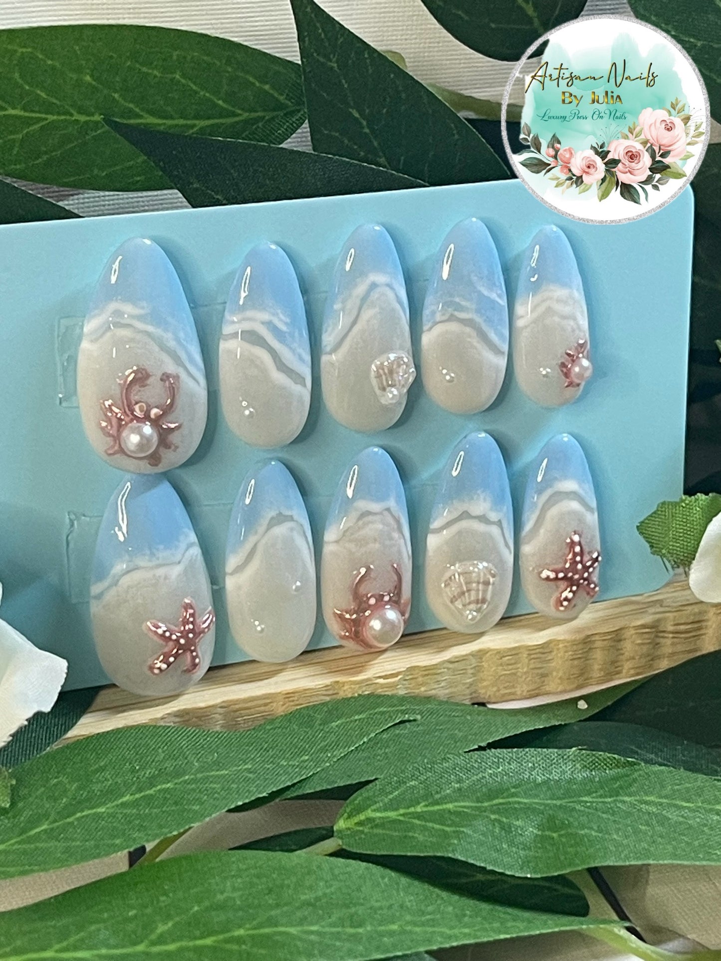 SHORELINE - Gel Press on Nails - Ensemble d'ongles 3D inspirés du bord de mer - Fabriqués sur commande