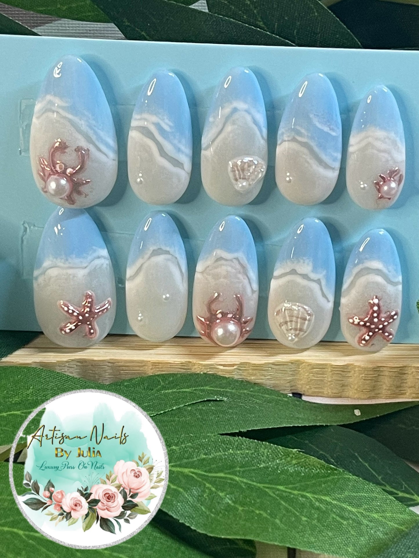 SHORELINE - Gel Press on Nails - Ensemble d'ongles 3D inspirés du bord de mer - Fabriqués sur commande
