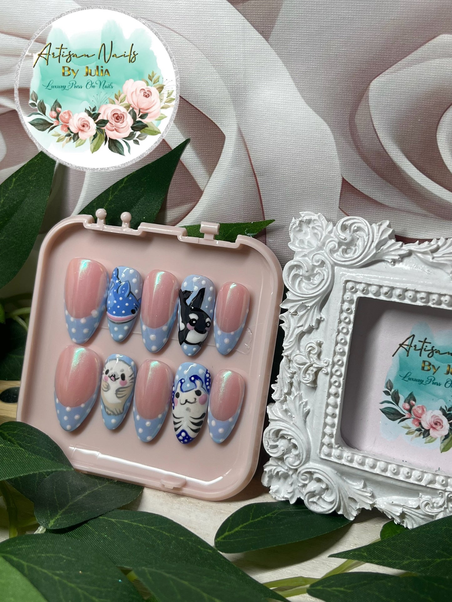 OCEAN BABIES - Ongles en gel à presser - Lot de 10 faux ongles French Tip tachetés émaillés - Fabriqués sur commande