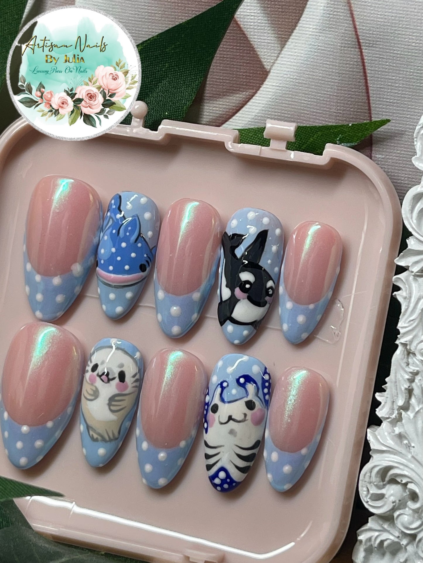 OCEAN BABIES - Ongles en gel à presser - Lot de 10 faux ongles French Tip tachetés émaillés - Fabriqués sur commande