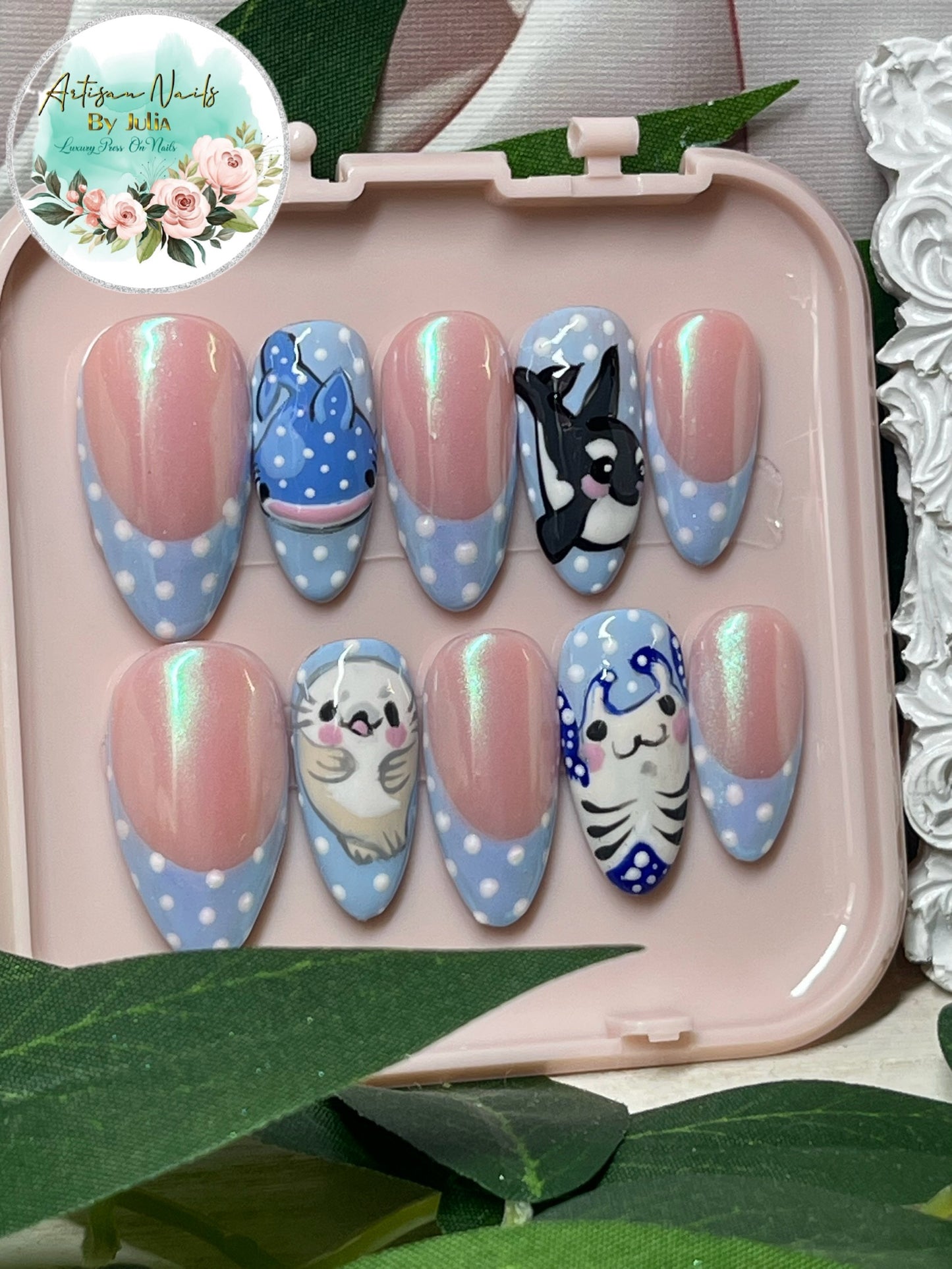 OCEAN BABIES - Ongles en gel à presser - Lot de 10 faux ongles French Tip tachetés émaillés - Fabriqués sur commande