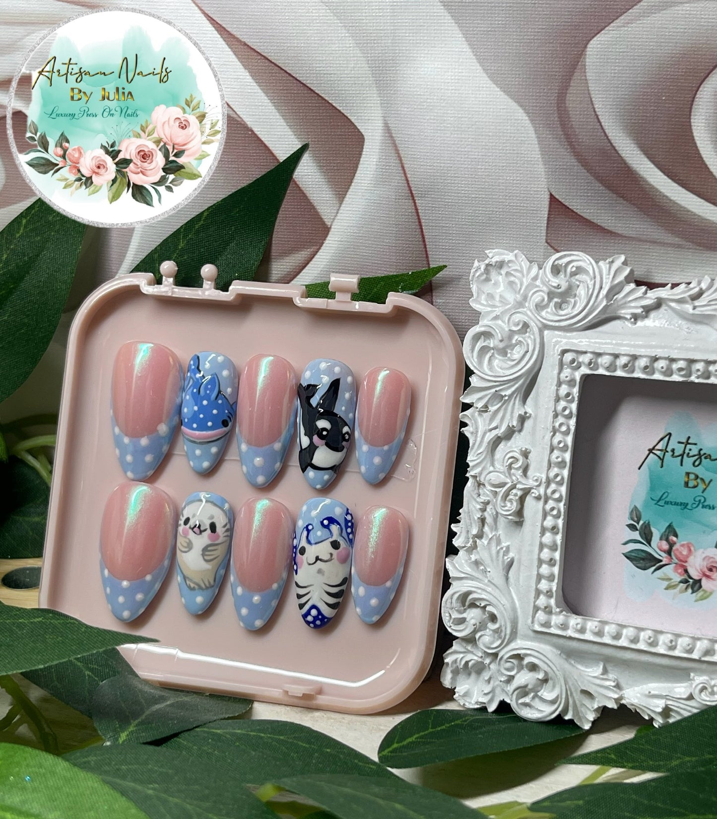 OCEAN BABIES - Ongles en gel à presser - Lot de 10 faux ongles French Tip tachetés émaillés - Fabriqués sur commande