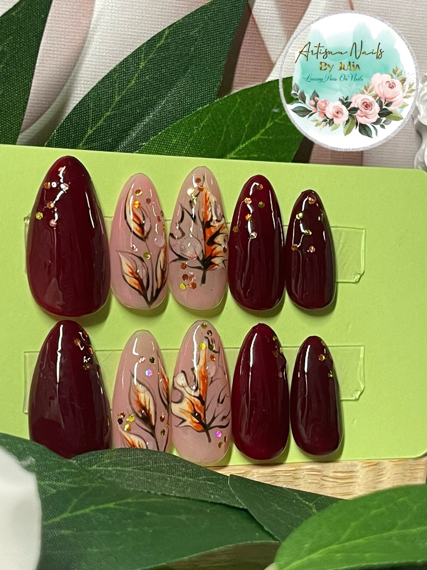 AUTUMN FIRE - Set of 10 autumn leaf and deep red Nails with 3D dew drops.