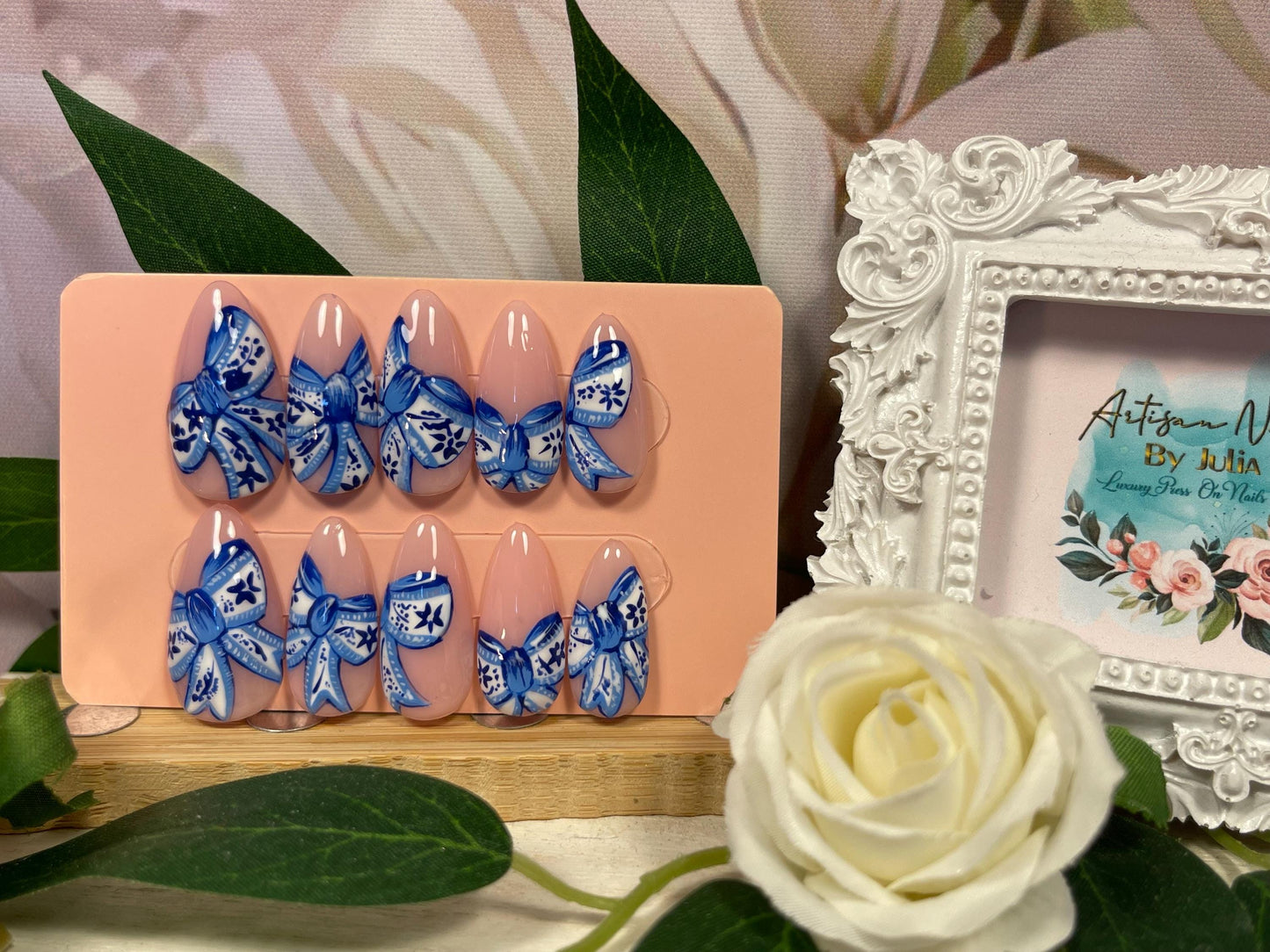 TIE A RIBBON - Gel Press on Nails - Set of 10 Blue Floral Ribbon Nails
