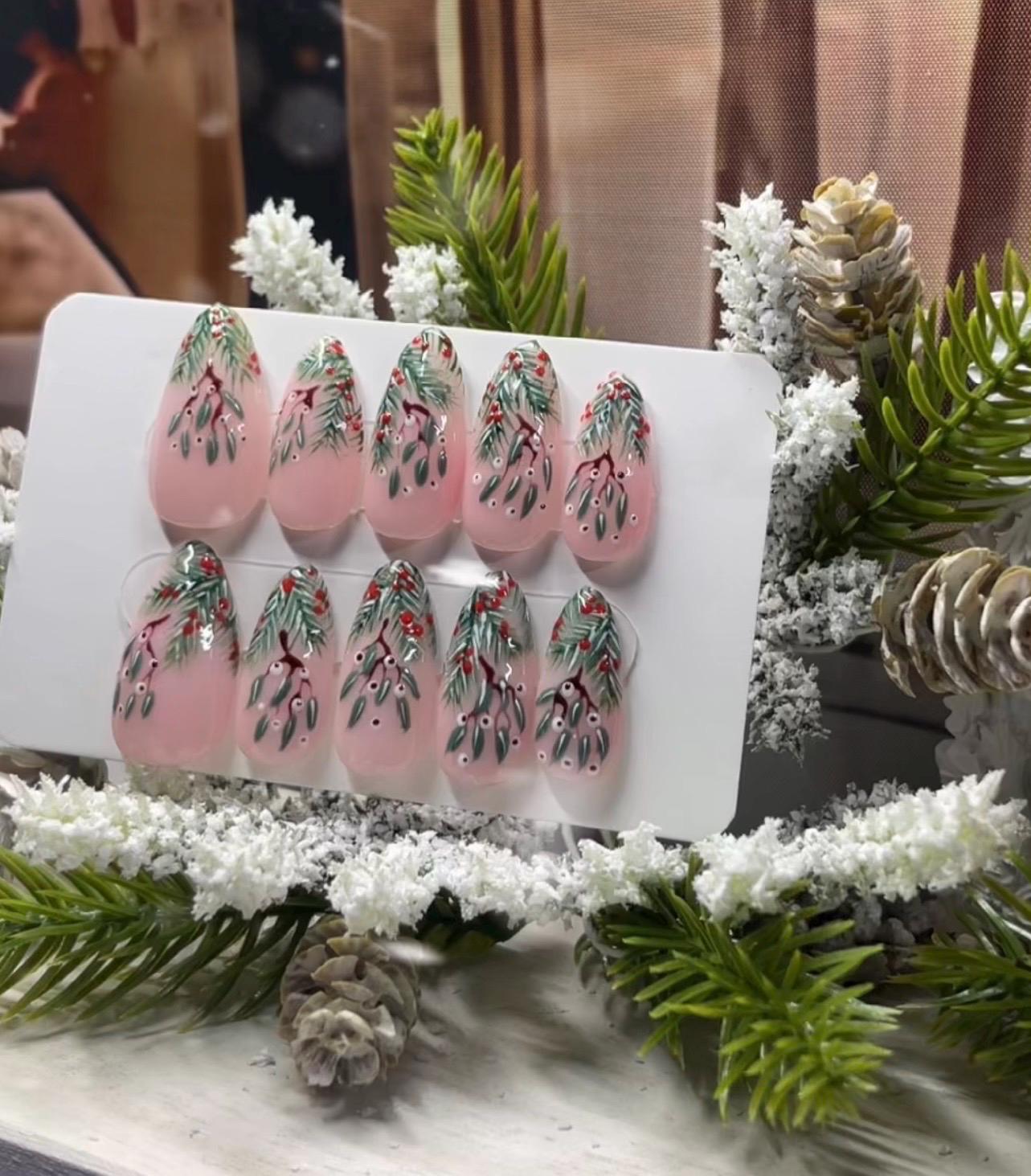 WINTER BERRIES - Set of 10 Frosted Mistletoe & Fir Nails